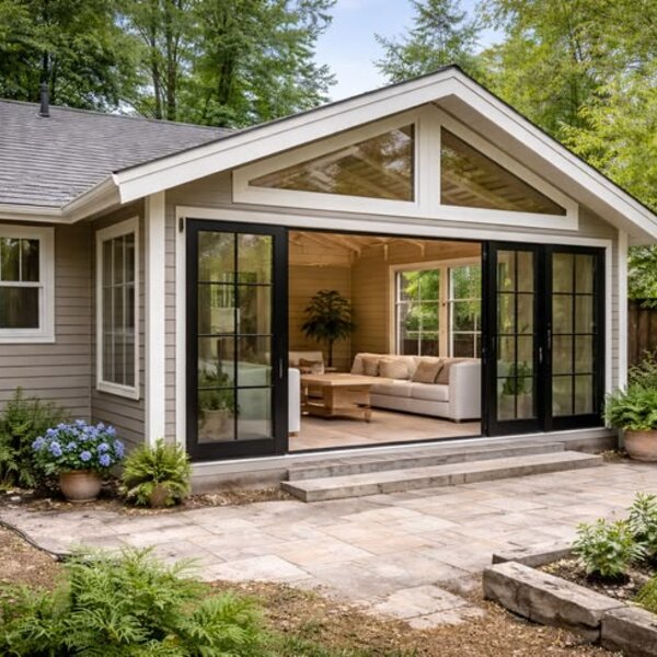 Modern home addition with vaulted ceiling and sliding glass doors by ArchAngel Construction Services