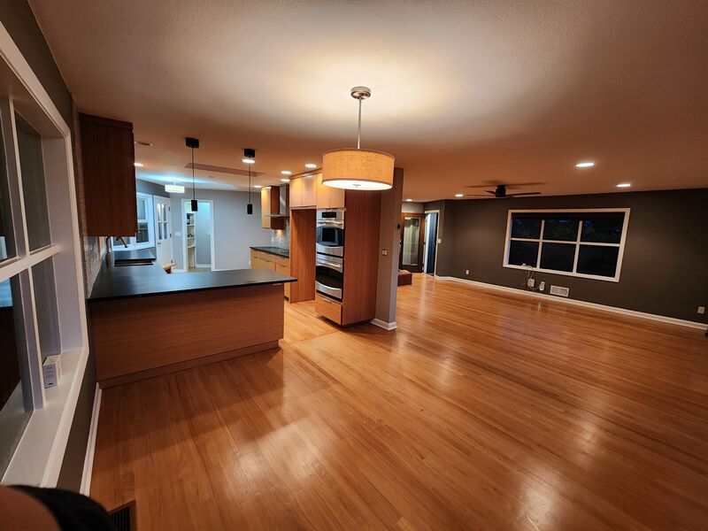 Completed kitchen and open living area, Portland, Oregon