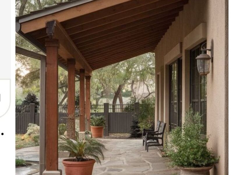 Wood-beam patio cover walkway with stone flagstone by ArchAngel Construction Services